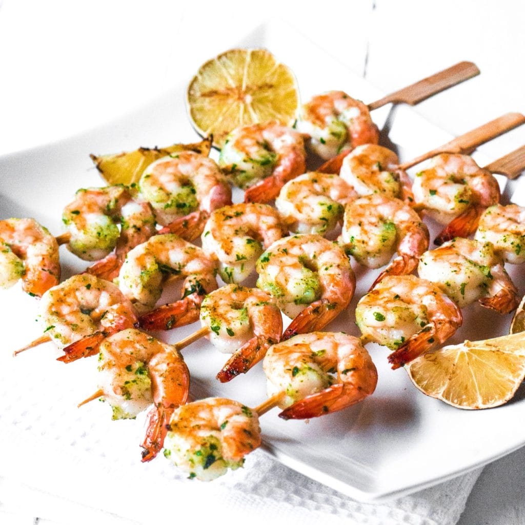 Grilled Shrimp Skewers With Fresh Garlic And Cilantro On A Gas Grill Or Traeger