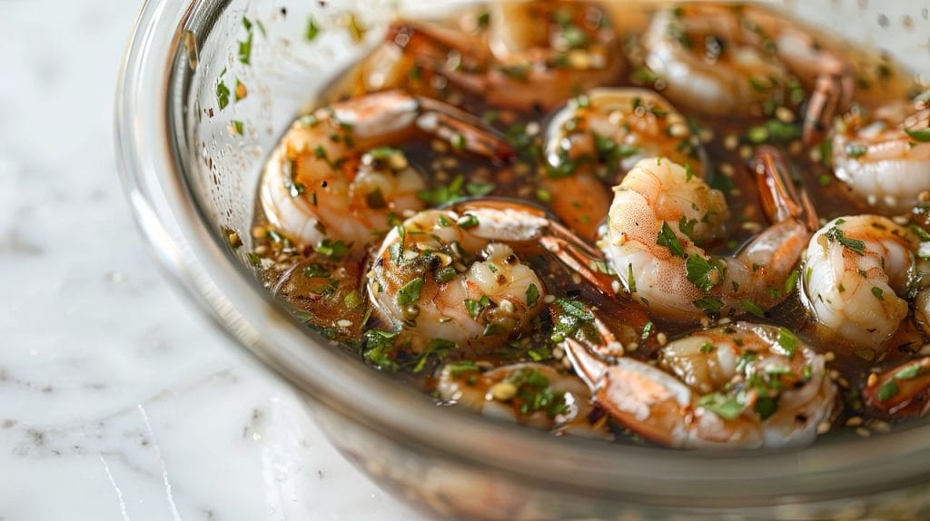 Marinade With Lemon Juice, Lemon Zest, And Fresh Herbs For Margarita Shrimp Skewers